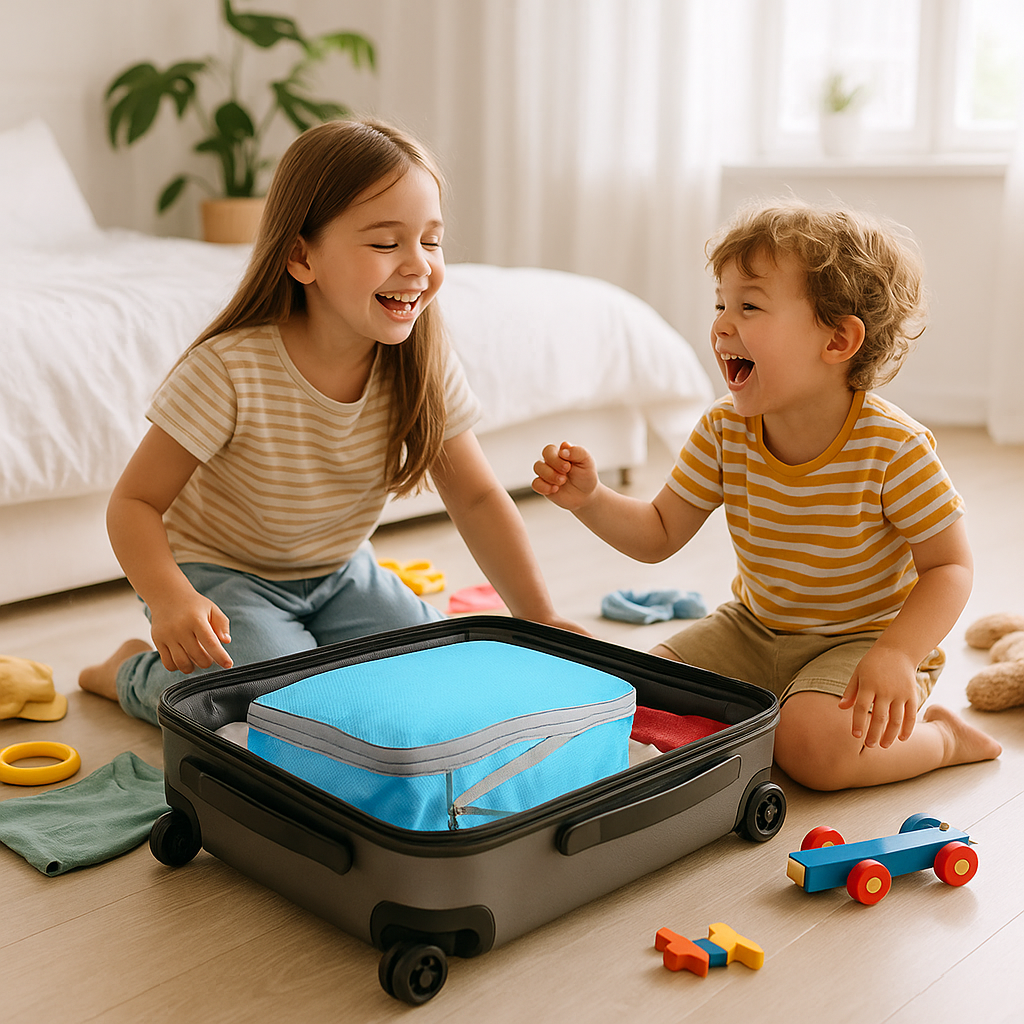 enfants qui prepare valise avec sac compression voyage waterproof