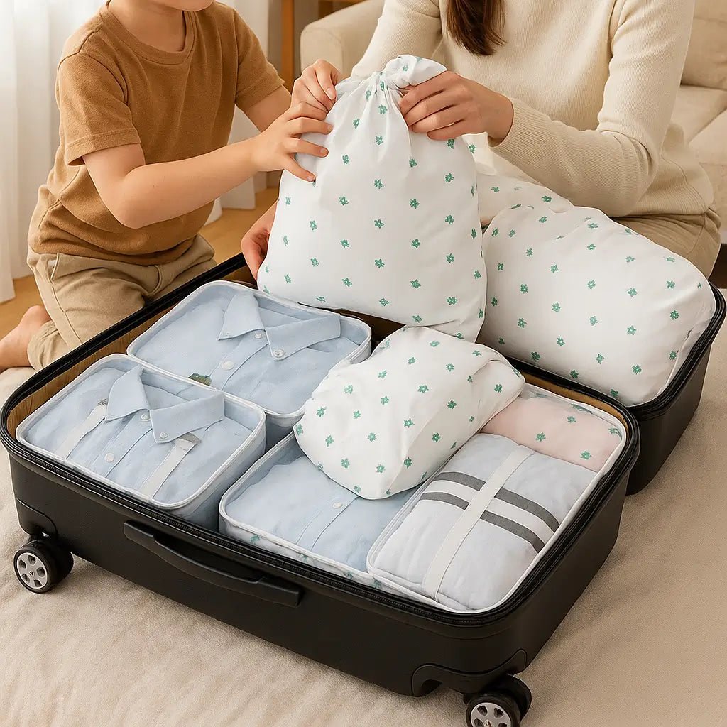 famille qui prepare sa valise avec organisateur de valise cactus 7 pièces