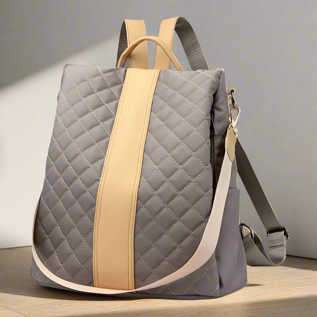 sac a dos antivol femme matelassé beige et kaki