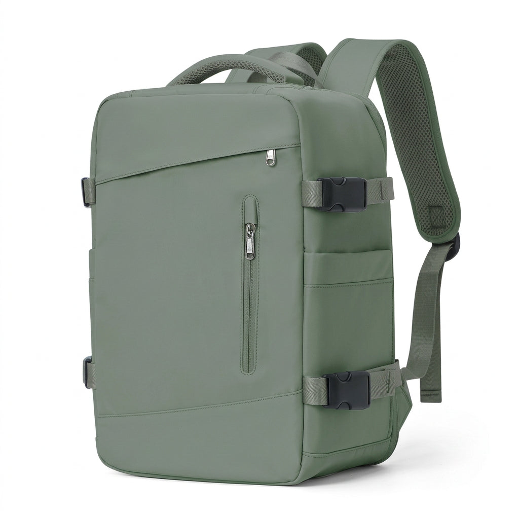 sac a dos voyage avion Aerocompact vert, vue de trois quarts avec sangles latérales