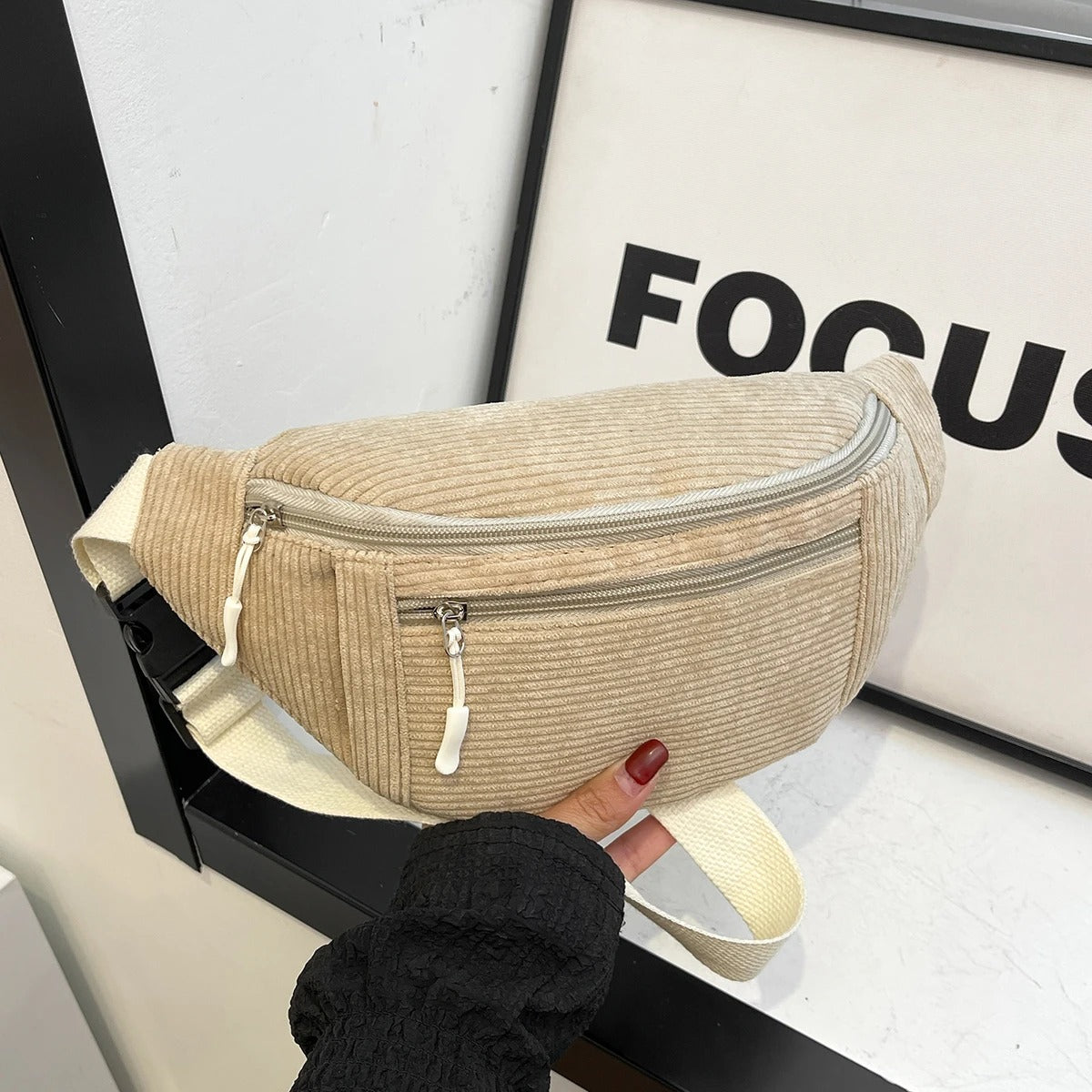 sac banane velours cotele beige double poche