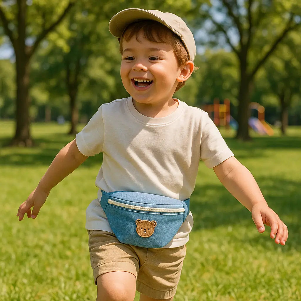 Enfant au parc avec un sac banane enfant petit ourson