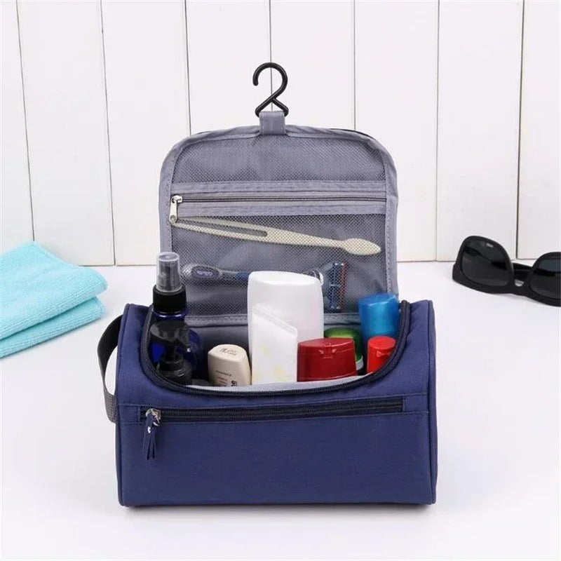 Vanity-homme-Trousse-de-toilette-a-suspendre-de-voyage-bleu-ouverte-affaires