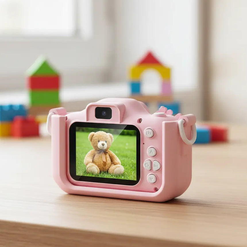 appareil photo enfant rose sur une table