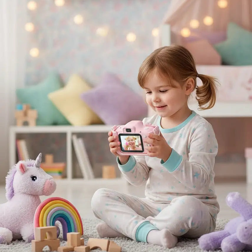 fille dans sa chambre avec appareil photo enfant licorne