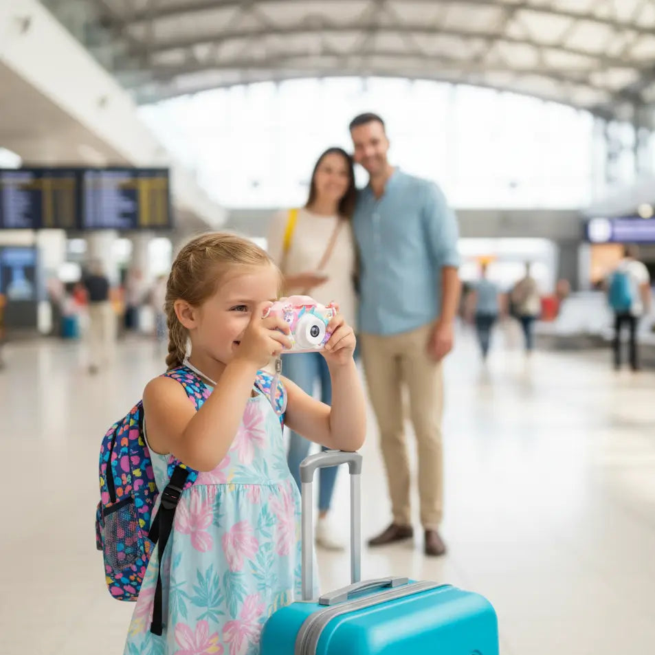 fille prend des photos a l'aeroport avec son appareil photo enfant