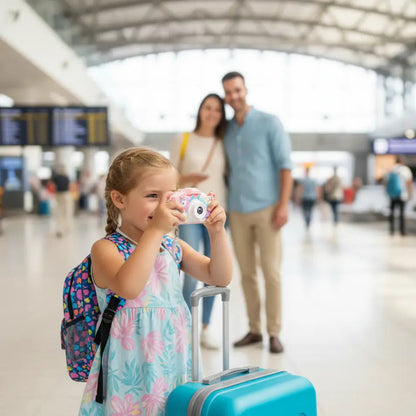 fille prend des photos a l'aeroport avec son appareil photo enfant
