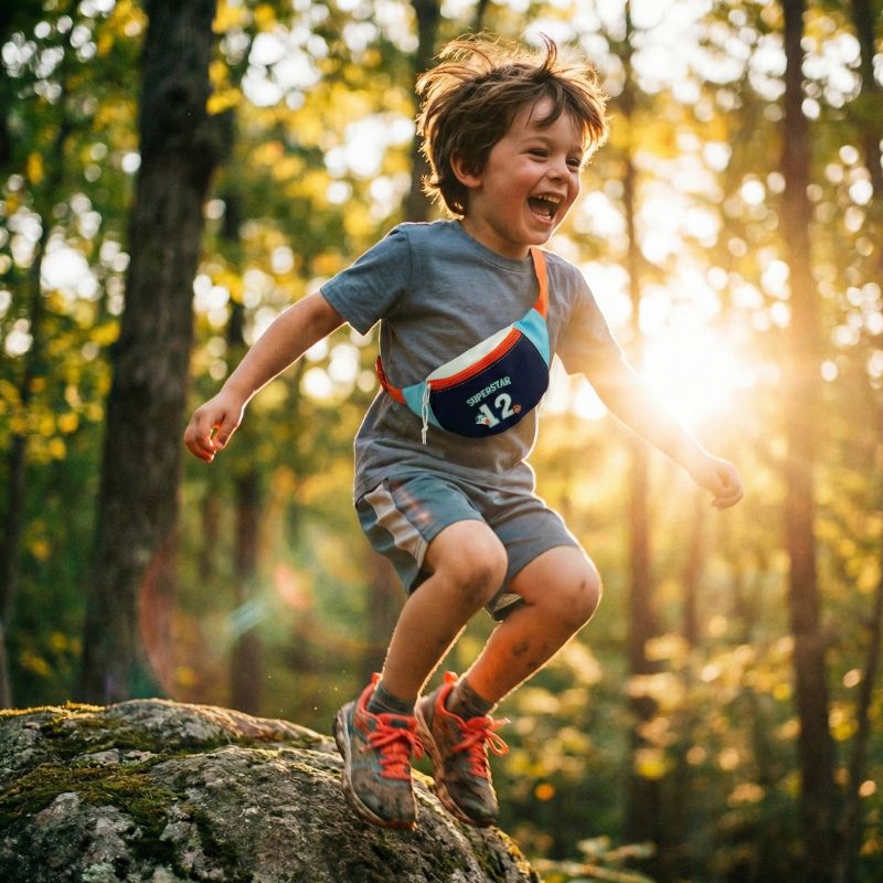 enfant court en foret avec sa banane enfant garçon