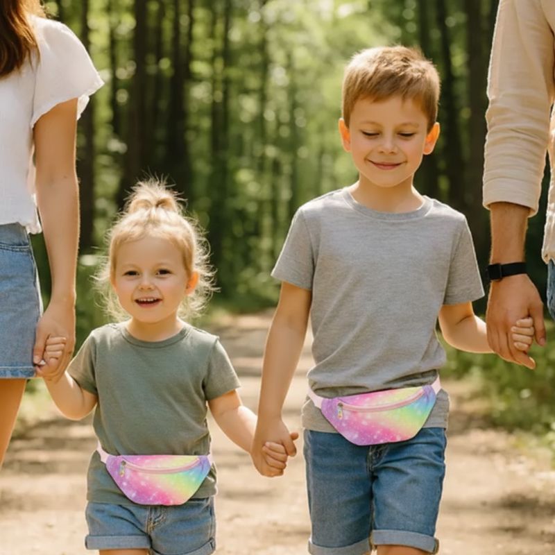 promenade en famille les enfants portent des banane sac enfant arc en cie