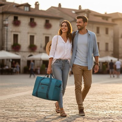 couple marchant en ville avec Sac de voyage femme