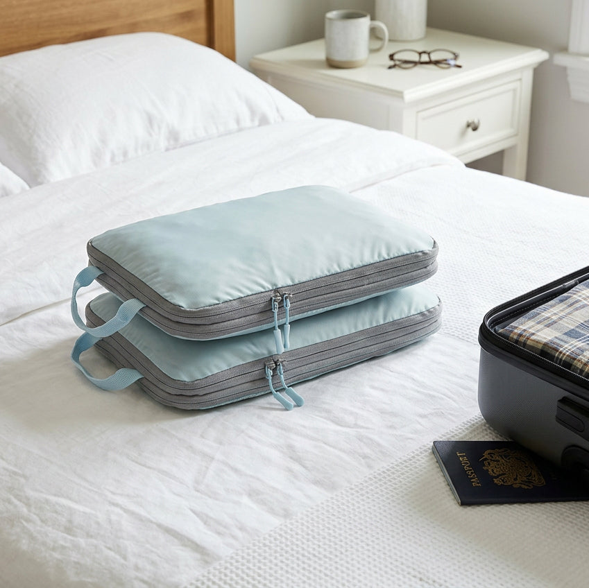 Cube de compression voyage lot de 2 bleu sur le lit à côté d'une valise
