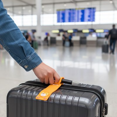 Etiquette bagage orange sur valise