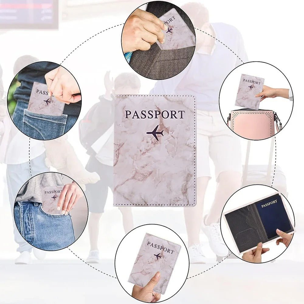porte passeport couleur marbre dans différentes situations