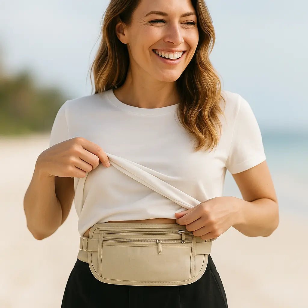 femme avec banane discrete de voyage sous son tshirt