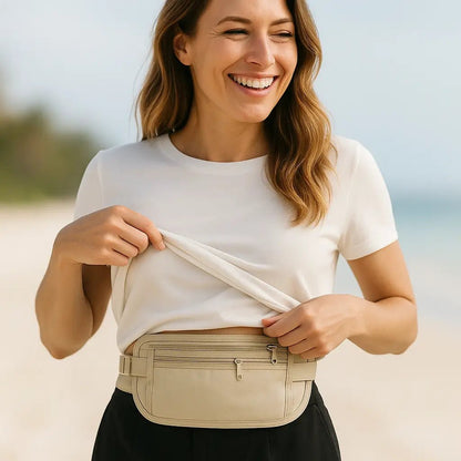 femme avec banane discrete de voyage sous son tshirt