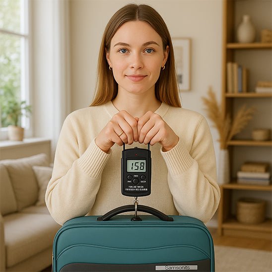 femme qui utilise un pese bagage electronique noir