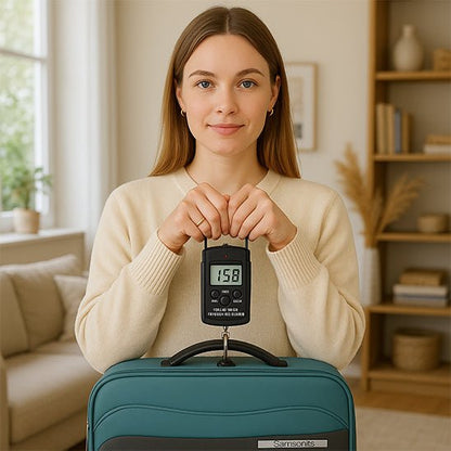 femme qui utilise un pese bagage electronique noir