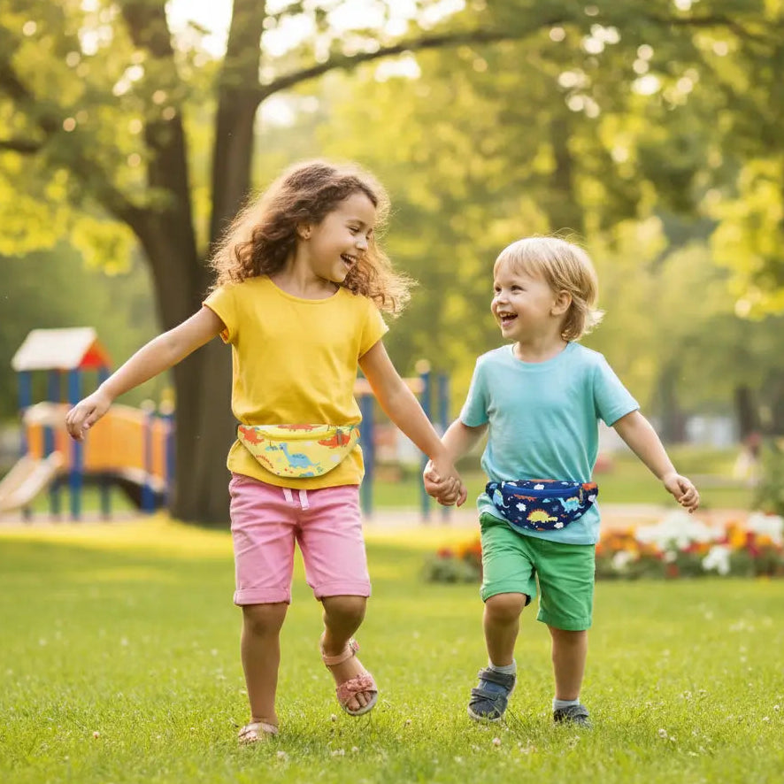 frere et soeur court avec sac banane enfant