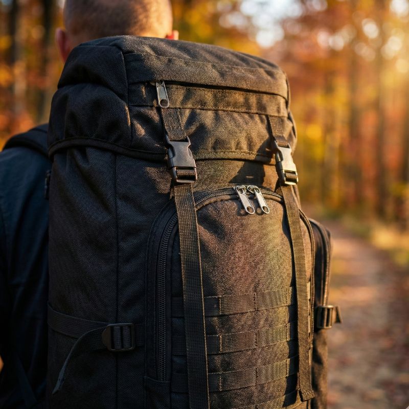 papa en randonnee avec un grand sac de voyage 80l