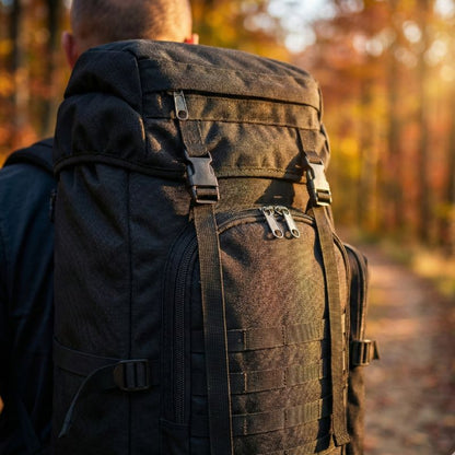 papa en randonnee avec un grand sac de voyage 80l