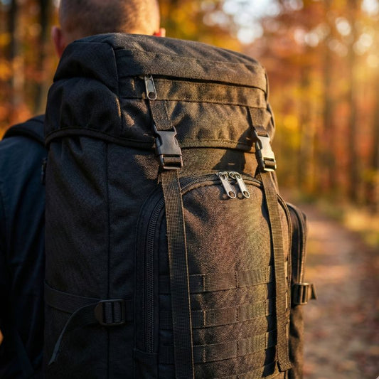 papa en randonnee avec un grand sac de voyage 80l