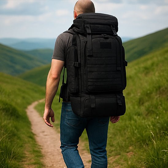 homme dans la nature avec grand cas de voyage 80l noir