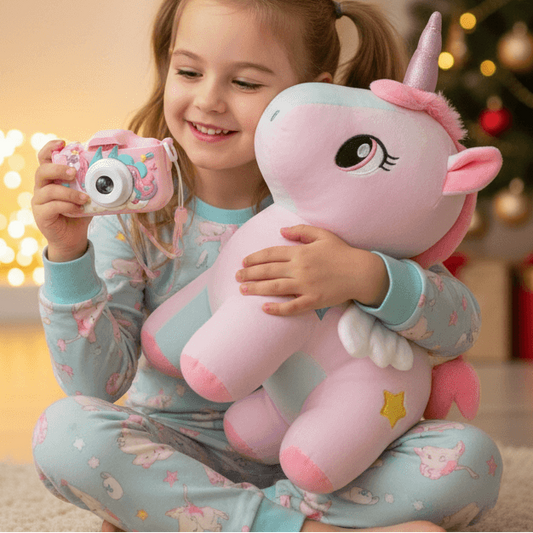 fille avec grande peluche licorne rose