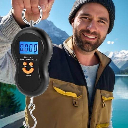 homme avec pese bagage balance numérique suspendue