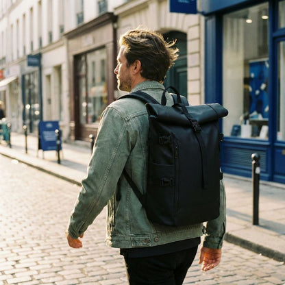 homme se promène avec un sac roll top pour la ville noire