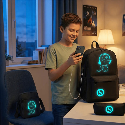 ado dans sa chambre avec sac a dos enfant lumineux