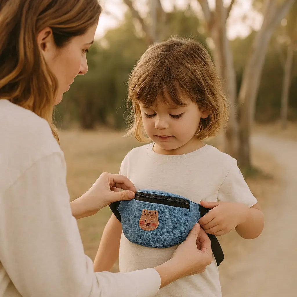 maman qui met une banane sac enfant ourson a sa fille