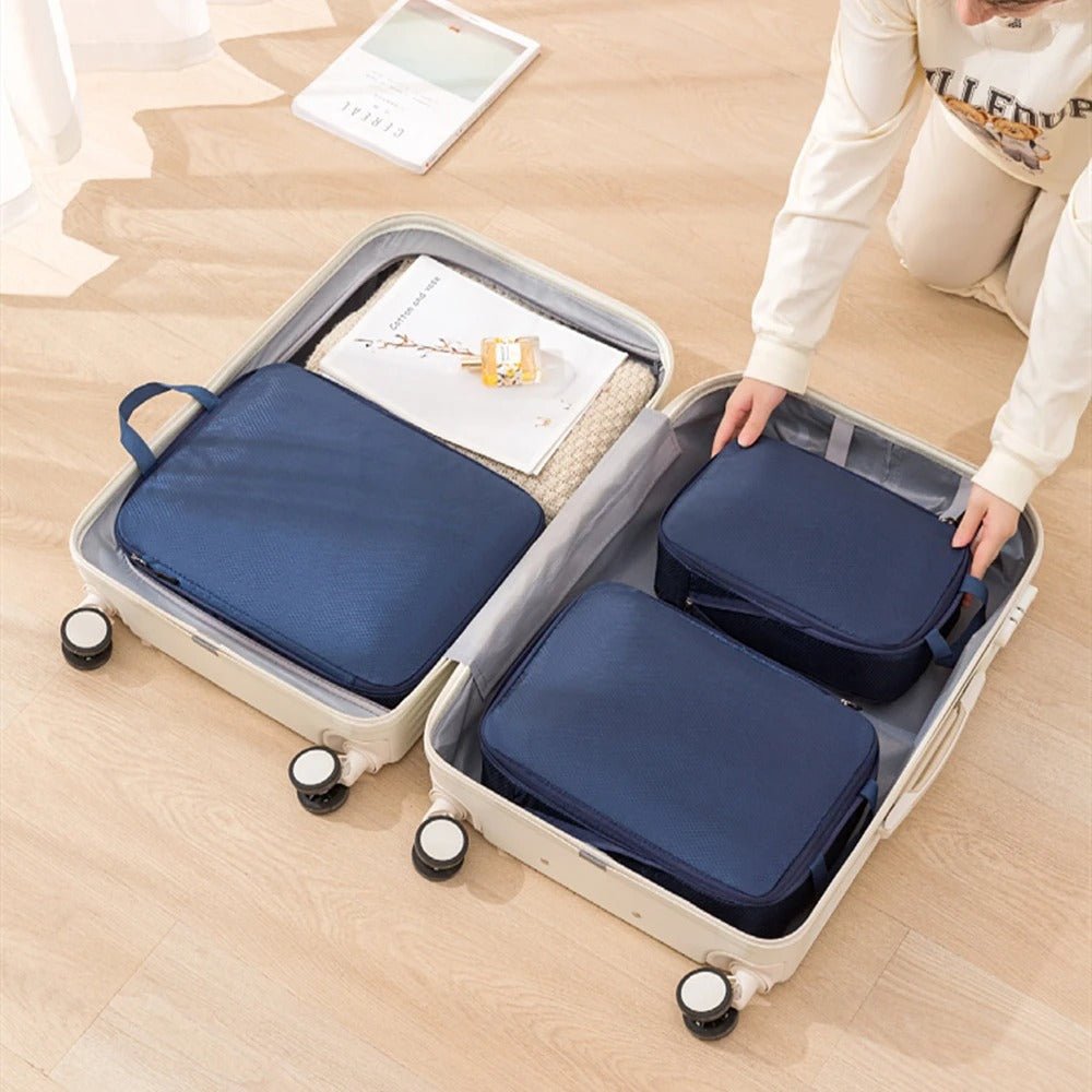organisateur de valise set 3 pièces compressible bleu foncé dans valise