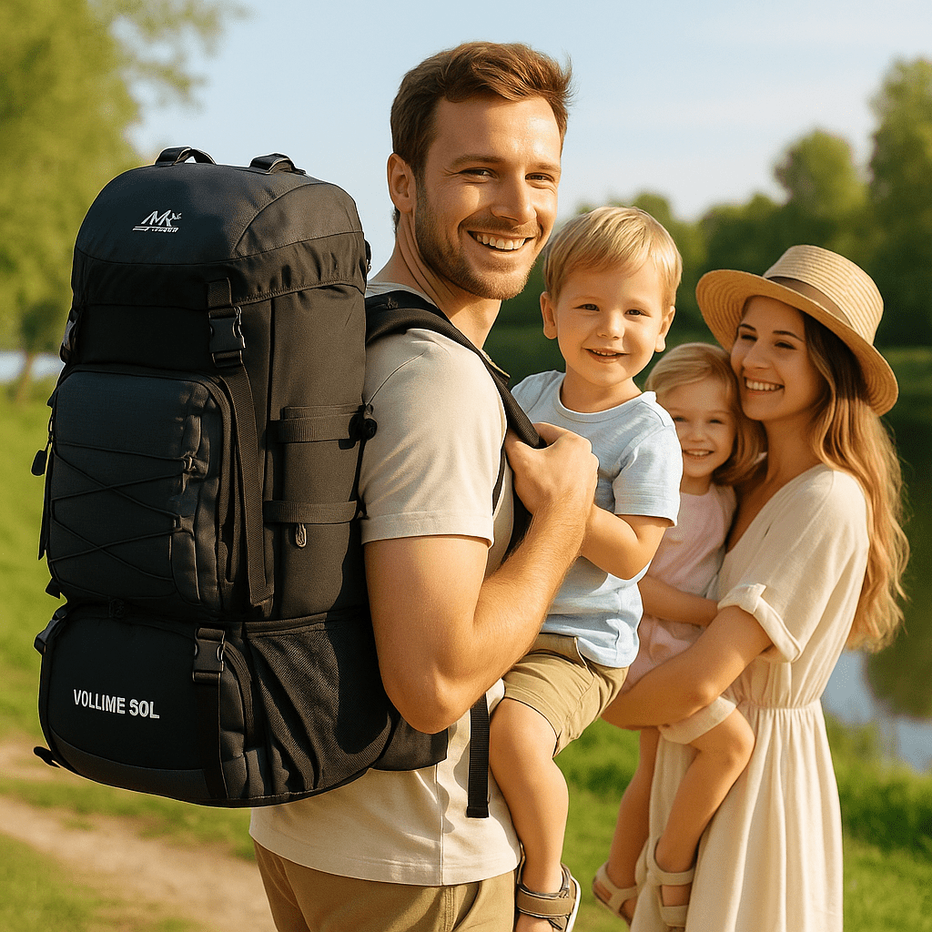 papa portant un grand sac a dos volume 90L heureux avec sa famille