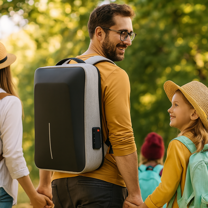 papa avec un sac a dos antivol coque rigide gris