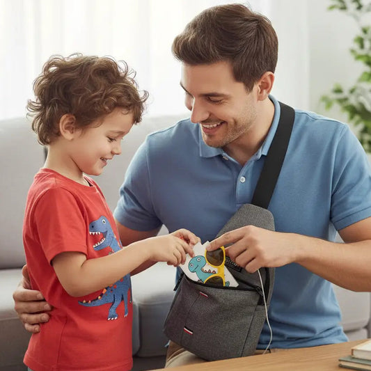 enfant met ses affaires dans la sacoche torse homme de son papa