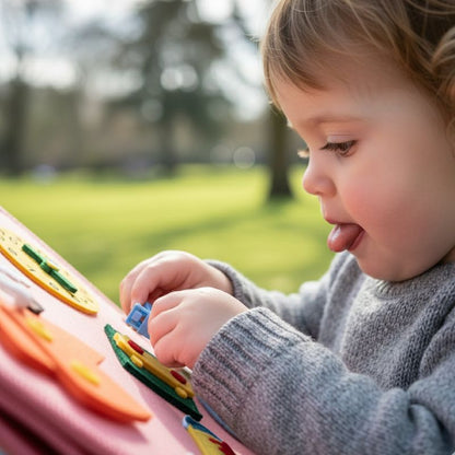 bébé concentré qui joue avec une planche d'activité montessori de voyage