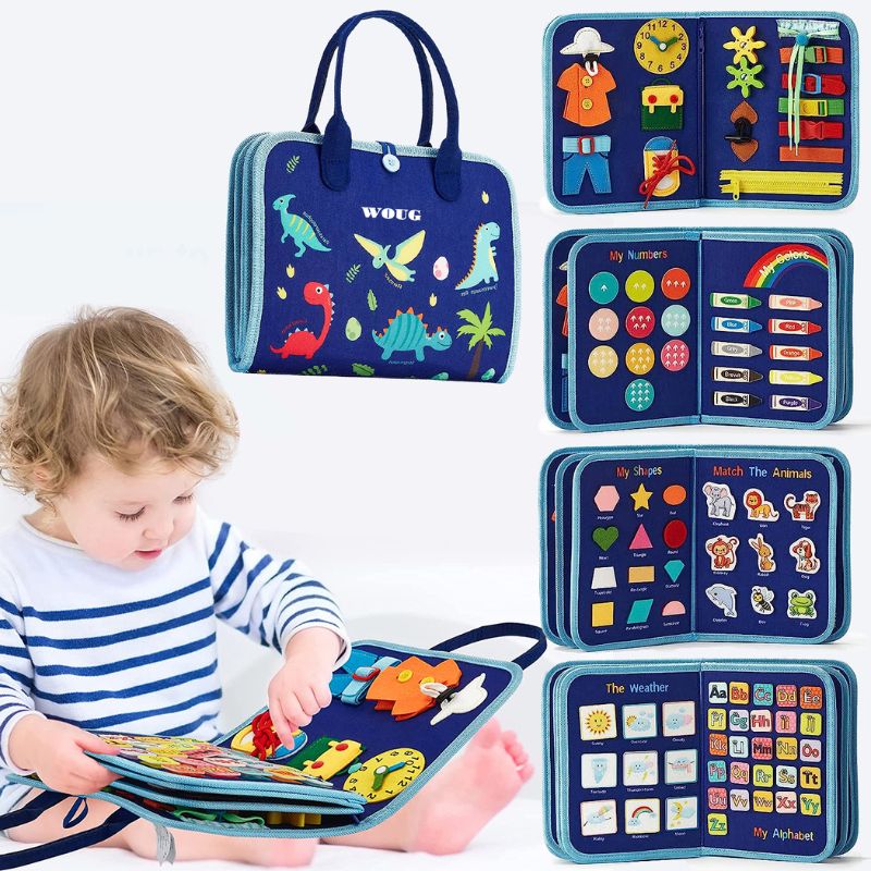 planche d'activité montessori de voyage dinosaure bleu