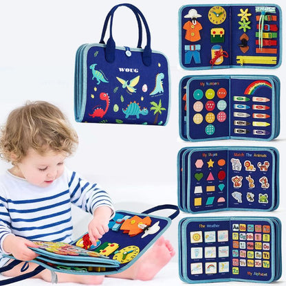 planche d'activité montessori de voyage dinosaure bleu