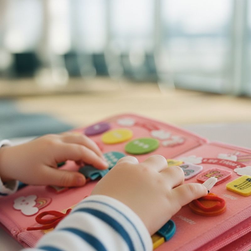 zoom sur les mains d'un enfant qui joue avec une planche d'activité montessori de voyage