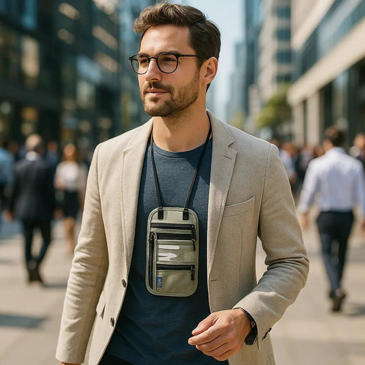 homme avec pochette de voyage tour de cou 