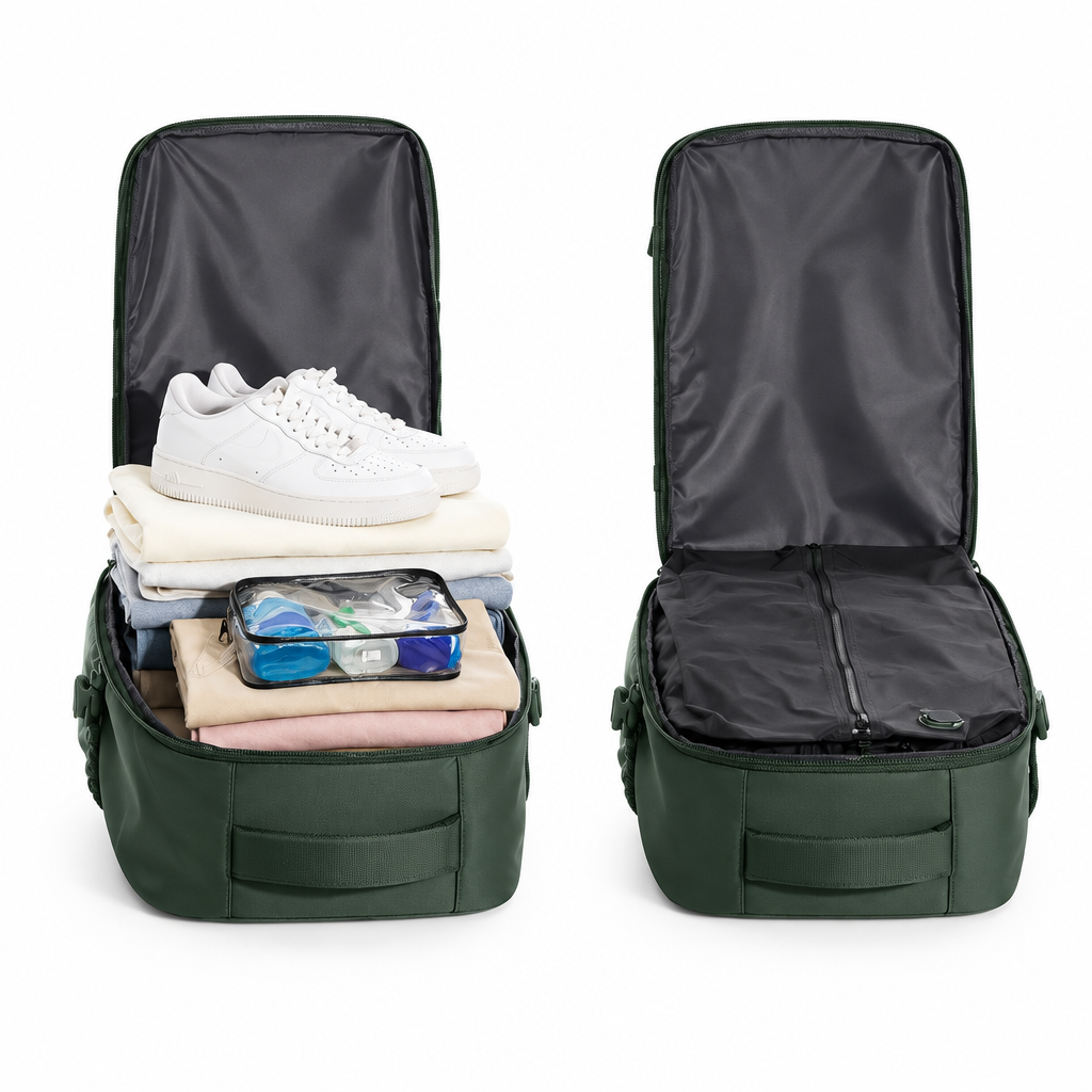 sac a dos avion cabine compressible présenté avant et après compression.