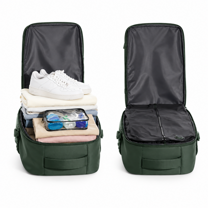 sac a dos avion cabine compressible présenté avant et après compression.