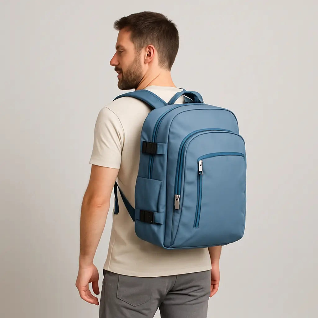 homme avec un sac a dos cabine easyjet et ryanair bleu