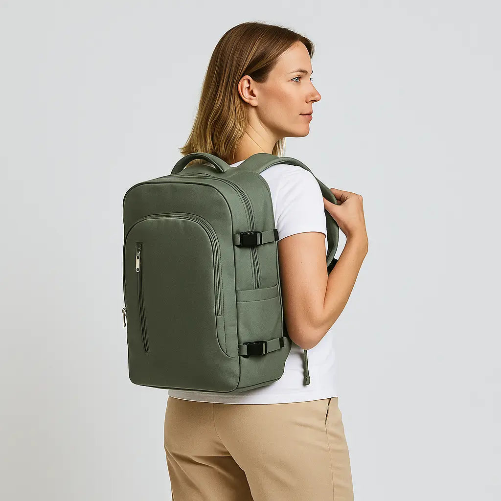 femme avec un sac a dos cabine easyjet et ryanair vert