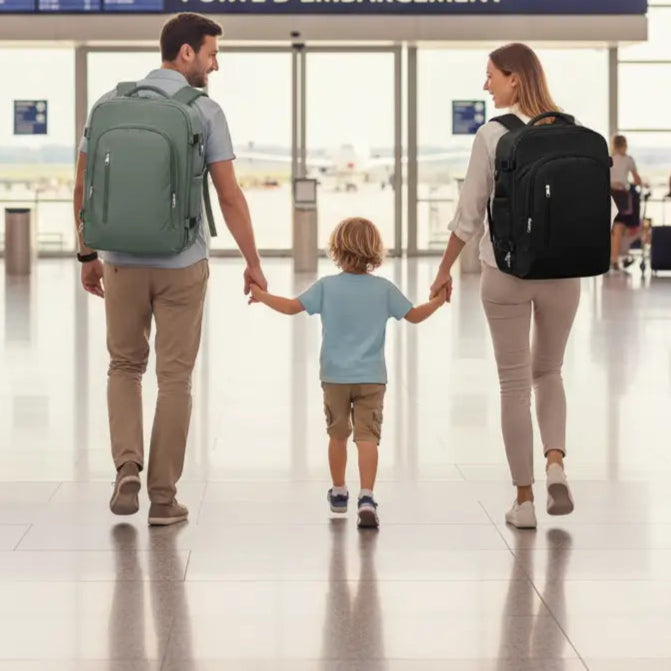 famille devant porte d'embarquement avec sac a dos cabine easyjet et ryanair