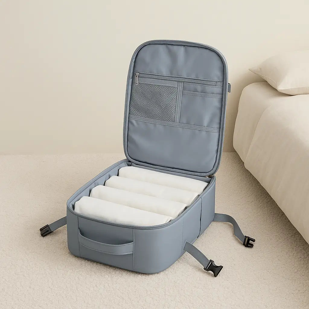 sac a dos cabine easyjet et ryanair ouvert à côté d'un lit