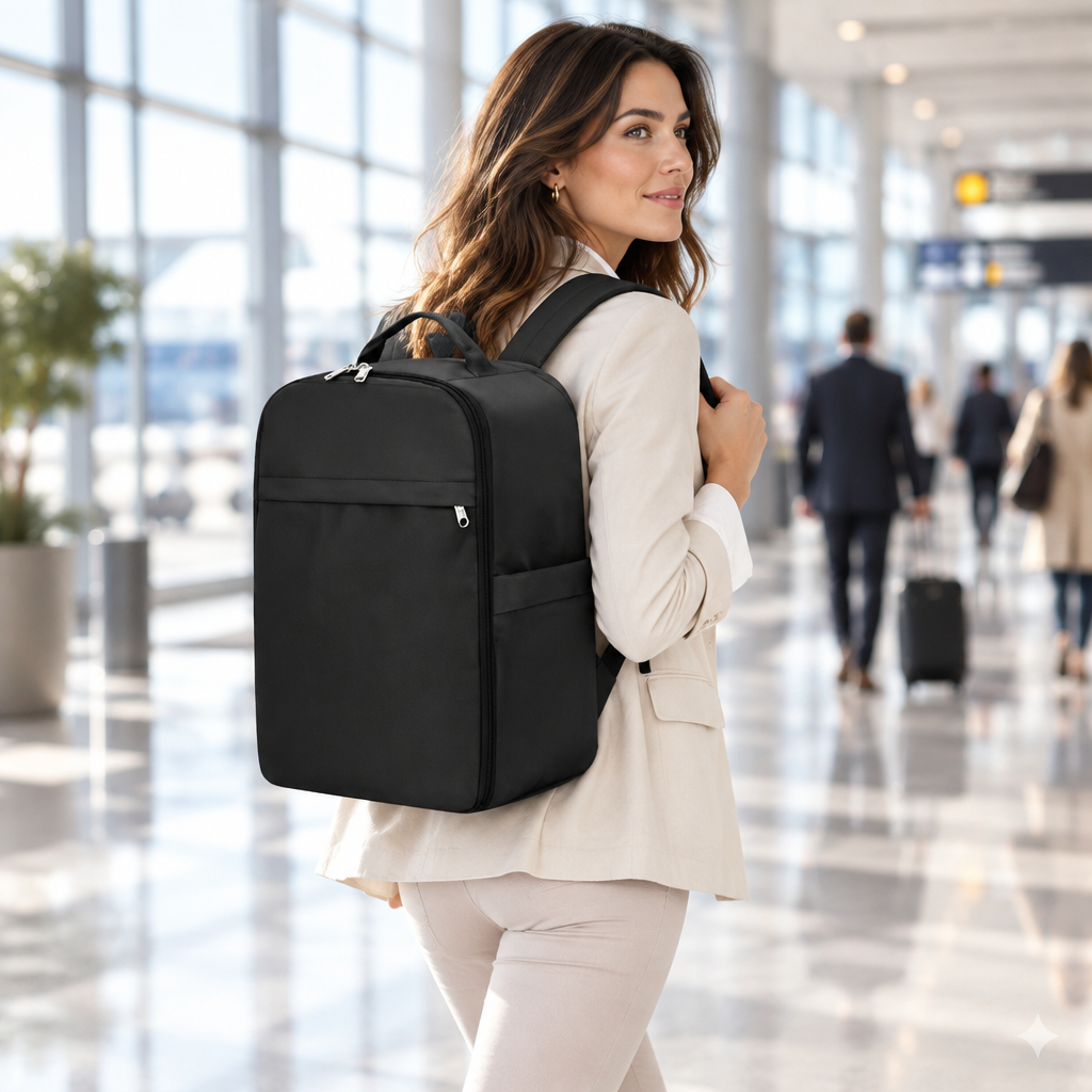 Femme portant un sac à dos cabine lors d’un voyage en gare ou en aéroport.