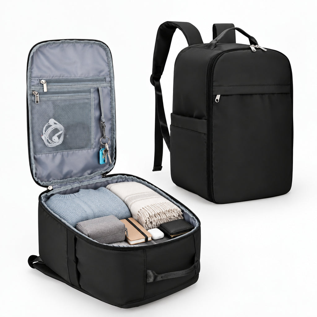 Sac à dos femme cabine ouvert avec vêtements et rangements intérieurs visibles.
