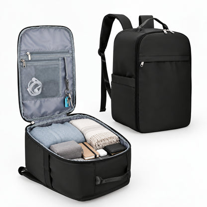 Sac à dos femme cabine ouvert avec vêtements et rangements intérieurs visibles.