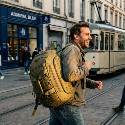 homme en ville avec son sac à dos convertible
